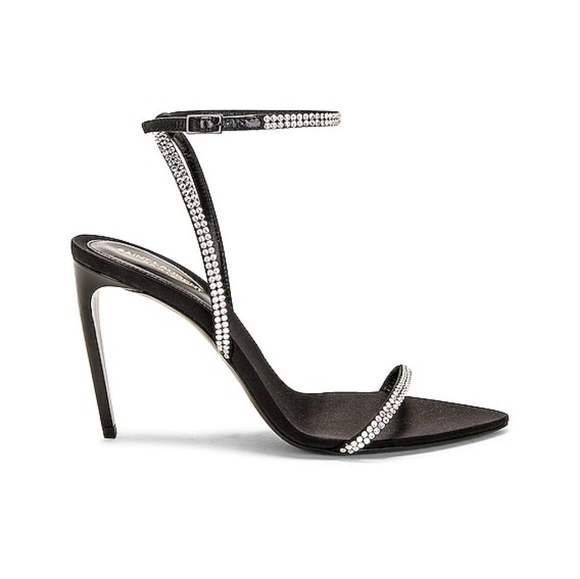 NEW SAINT LAURENT CRYSTAL EMBELLISHED GLOSSED LEATHER & SATIN GIPPY 90 SANDALS - Picture 1 of 15